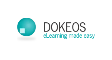 The word 'Dokeos' is displayed with a slogan below it and a sphere to the left of it.